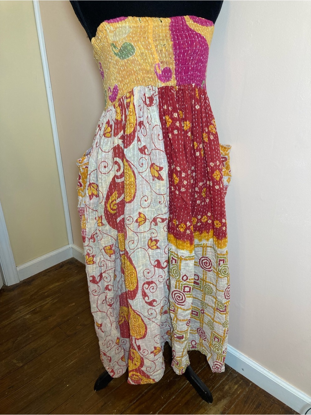 Boho Patchwork Midi Skirt in Red, Yellow & White